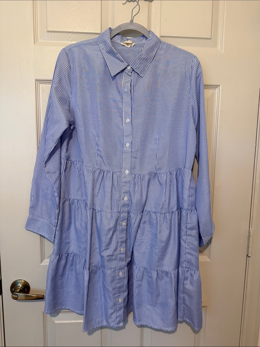 Striped Blue Shirt Midi Dress - Lightweight Button-Front